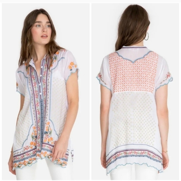 Johnny Was Tops - Johnny Was Tunic Top Embroidered Moji In White Boho Flowy Semi Sheer Size M